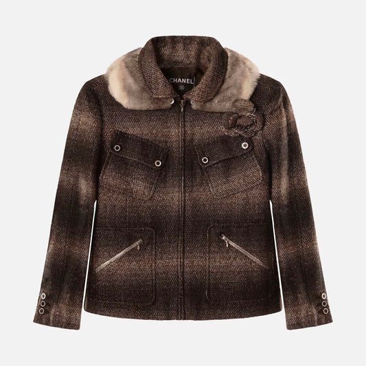 Chanel Brown Tweed Fur Lined Jacket