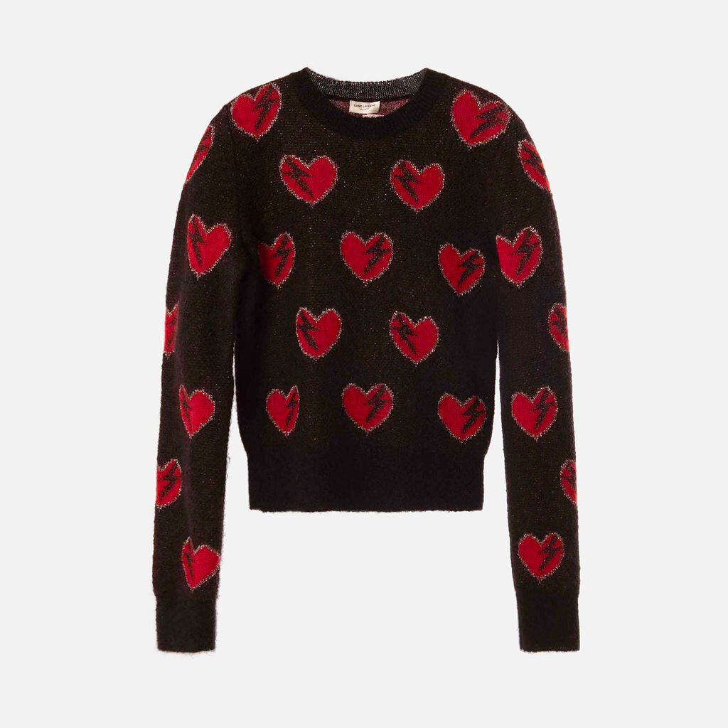 Saint Laurent Black & Red Heart Mohair Blend Sweater