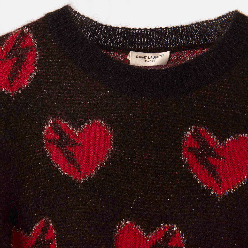 Saint Laurent Black & Red Heart Mohair Blend Sweater