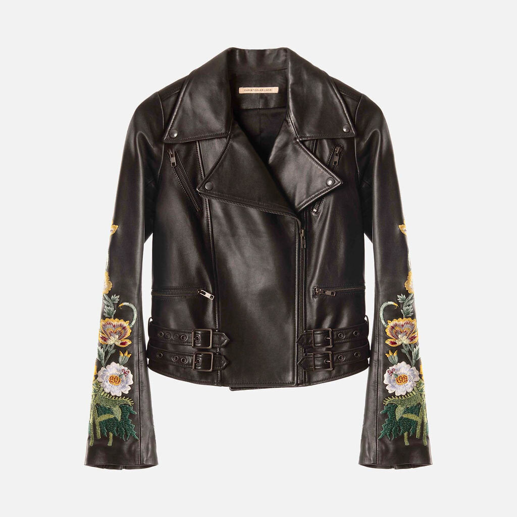 Christopher Kane Black Floral Embroidered Leather Jacket
