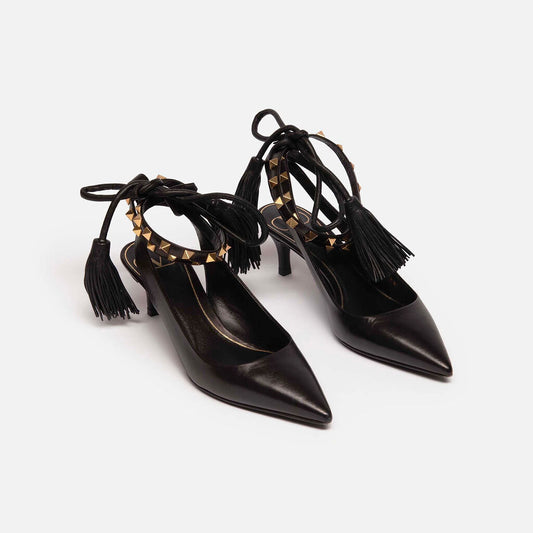 Valentino Black Leather Rockstud Tassle Ankle Strap Pumps