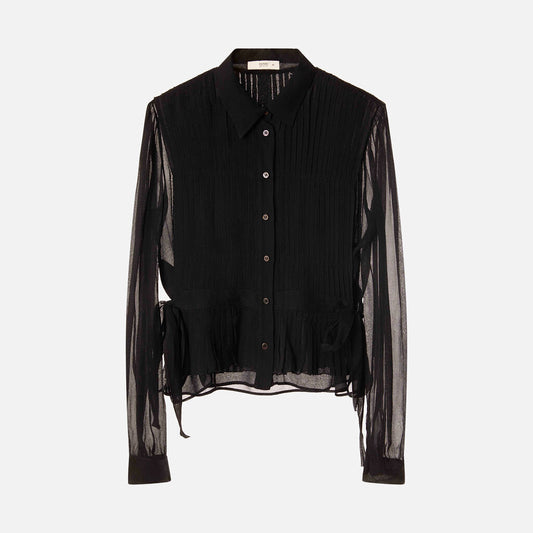 Prada Black Silk Pleated LS Button Down Top
