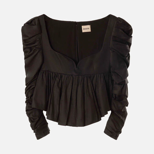 Khaite Black Cotton Ruched Sleeve Top