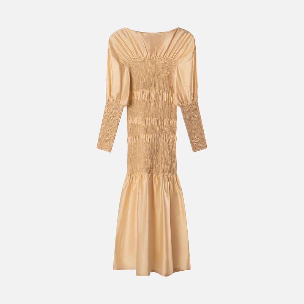 Toteme Cream Silk Smocked Midi Dress