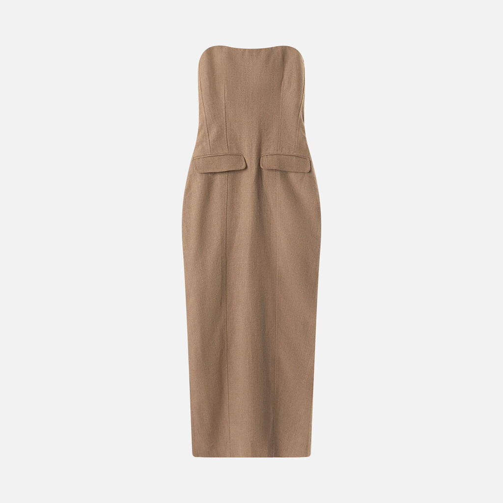 Toteme Beige Linen Strapless Pocket Dress