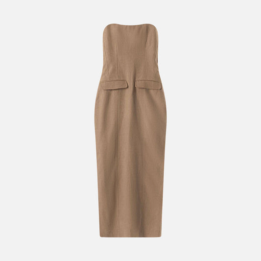 Toteme Beige Linen Strapless Pocket Dress
