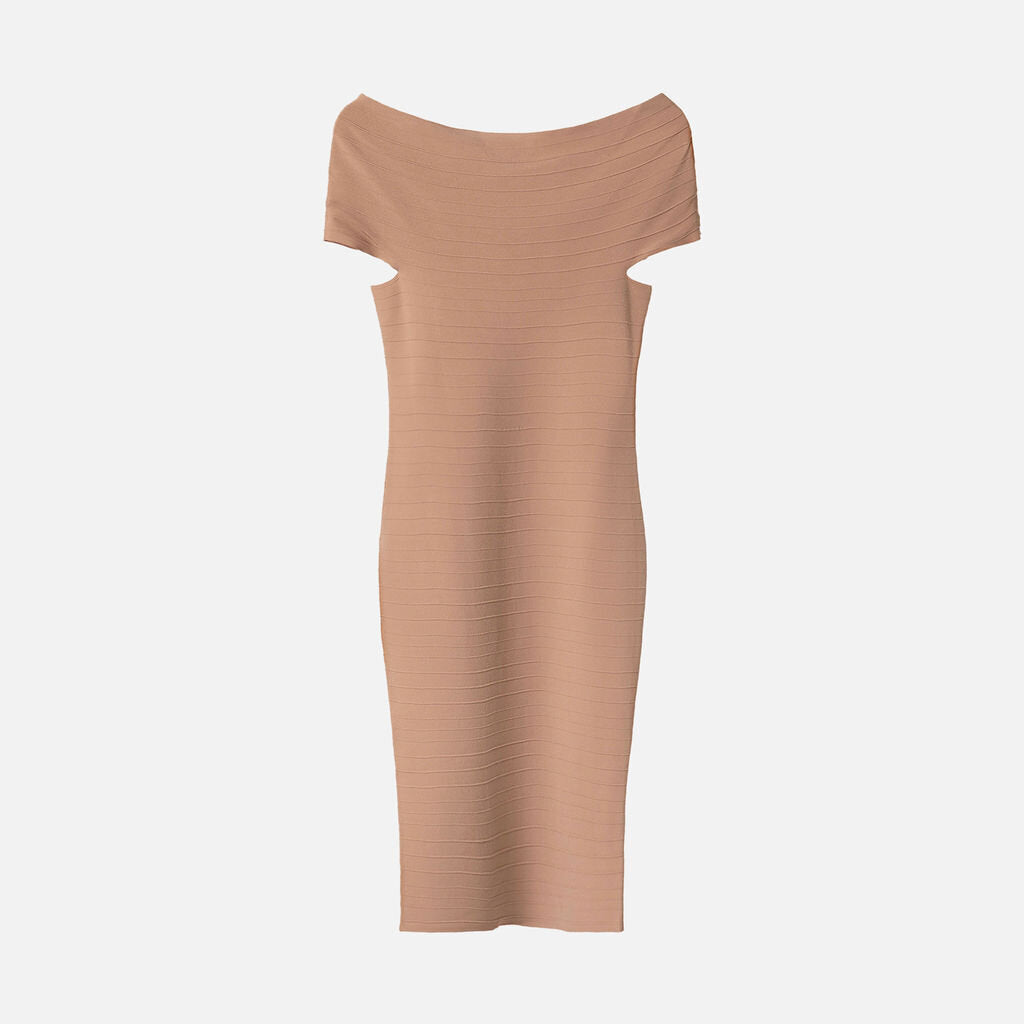Nelli Partow Beige Mock Neck Sleeveless Dress