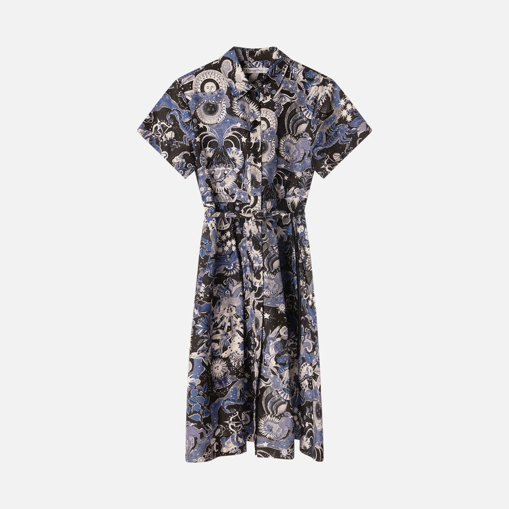 Christian Dior Zodiac Print Belted Midi Shirt Dress