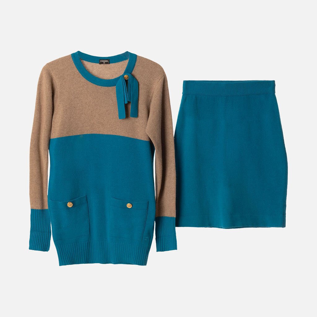 Chanel Blue & Taupe Cashmere Sweater & Skirt Set