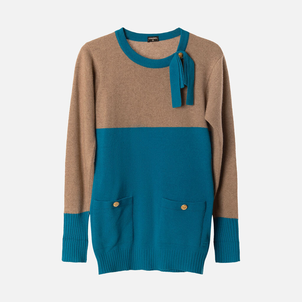 Chanel Blue & Taupe Cashmere Sweater & Skirt Set