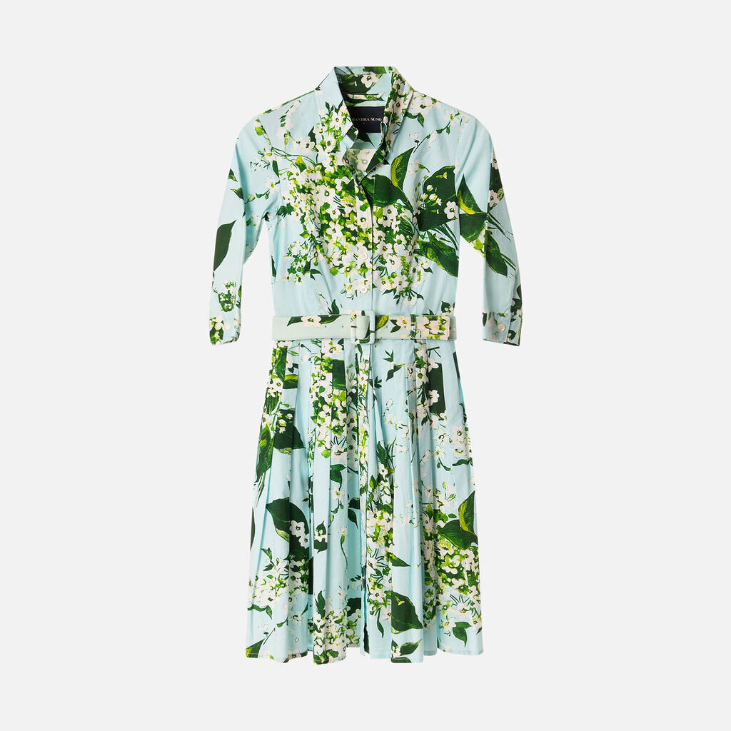 Samantha Sung Blue Floral Cotton Belted Shirt Dress