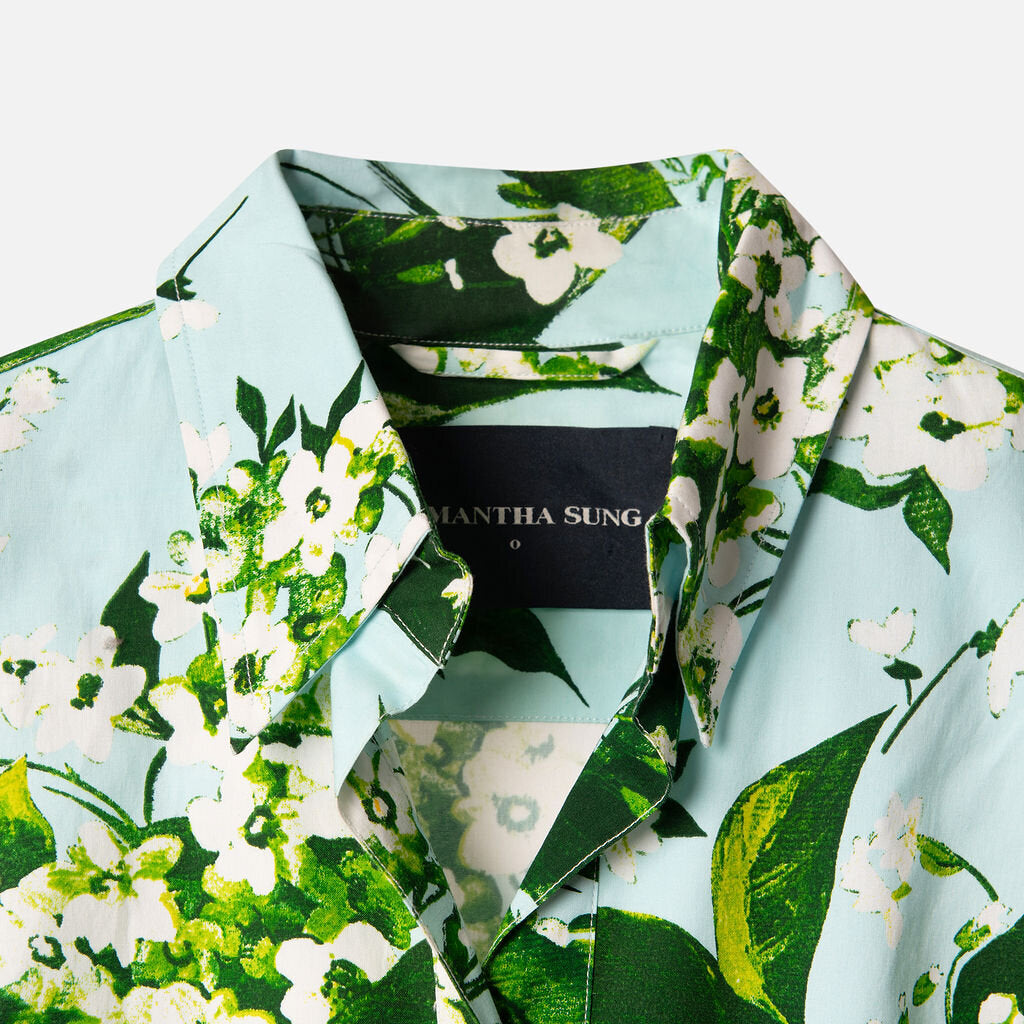 Samantha Sung Blue Floral Cotton Belted Shirt Dress