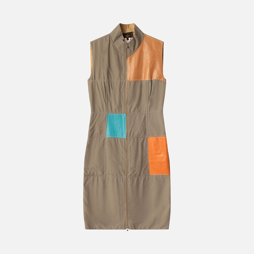 Fendi Vintage Canvas Leather Patch Zip Dress