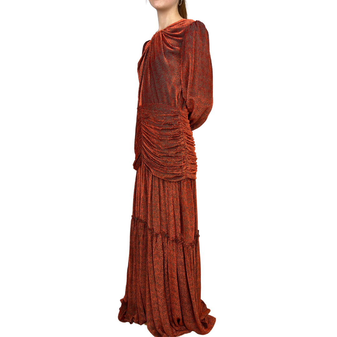 Costarellos Orange Devore Velvet Ruch Waist Dress 44