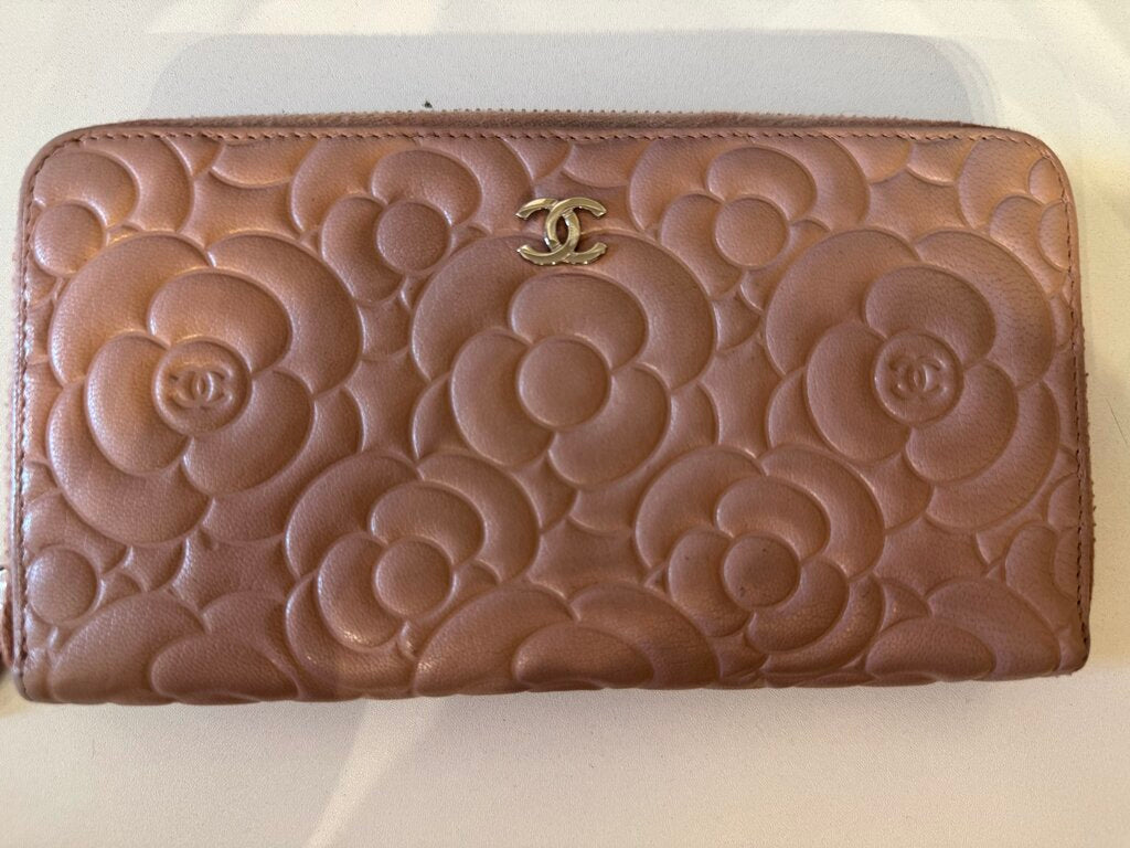 Pink Leather Camellia Zip Wallet