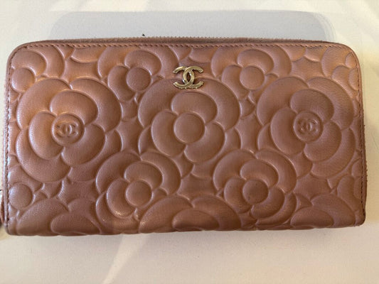 Pink Leather Camellia Zip Wallet