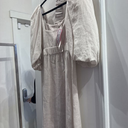 Brown And White Pinstripe With Puff Sleeve Button Down Belted