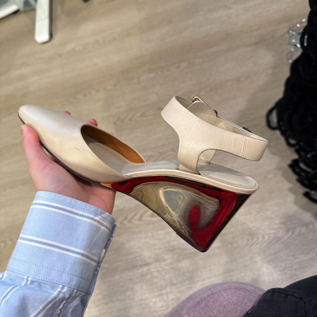 Beige Leather Gold Block Heel