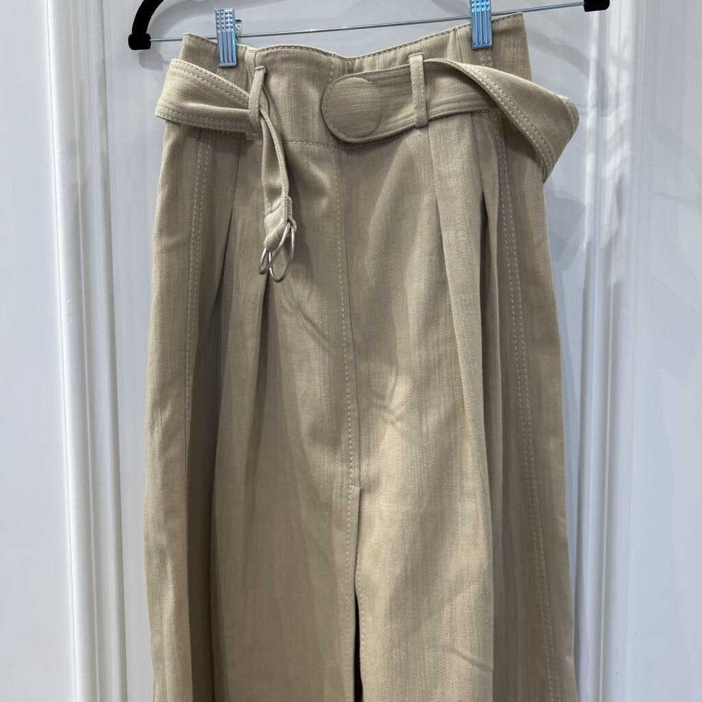 Tan Cotton Pleated Belted Skirt