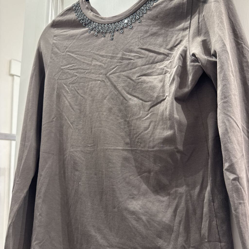 Grey Cotton Sequin Collar LS Top
