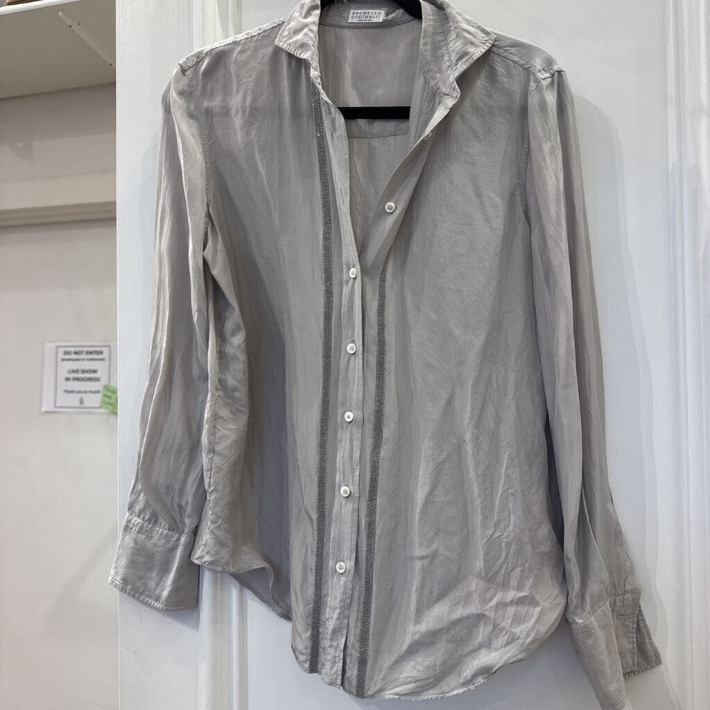 Grey Silk Beaded Front Button Down Top, S