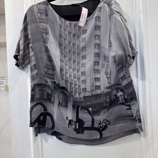 Grey Silk Print Short Sleeve Top, 12