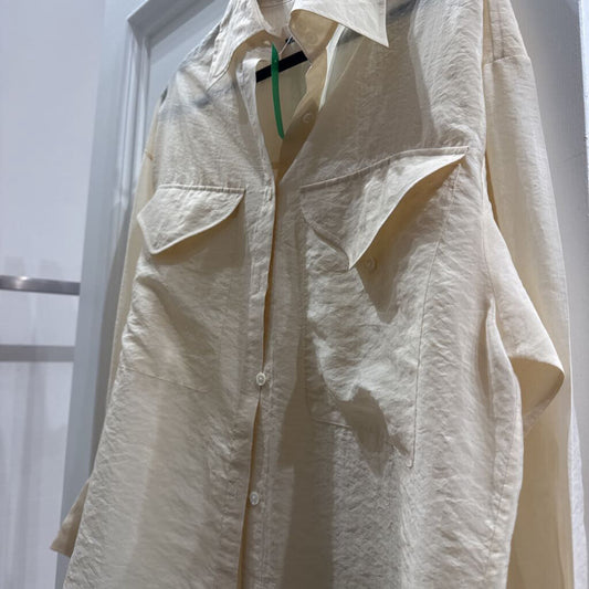 Cream Silk Blend Front Pocket Shirt, XS