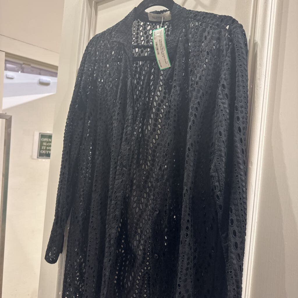 Black Cotton Eyelet Button Down Shirt