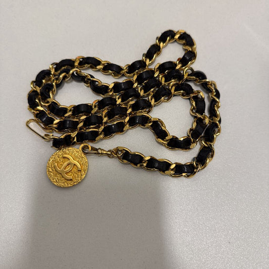 1982 Chanel 24K Gold Plated Chain CC Medallion Black Leather Belt - Longest Length / 35.5" - FULL SET w/ Box