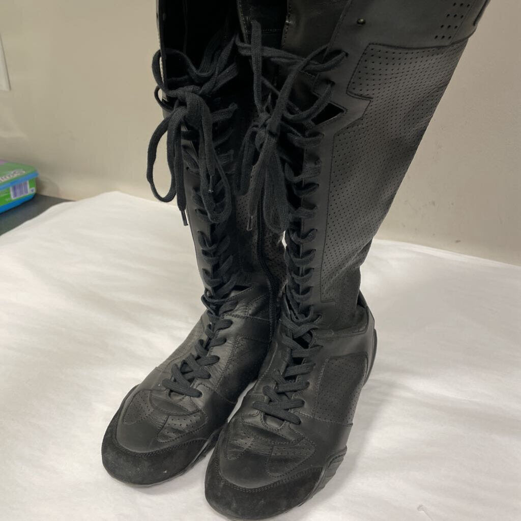 Christian Dior Knee High Black Leather Lace Up Sneaker Boots