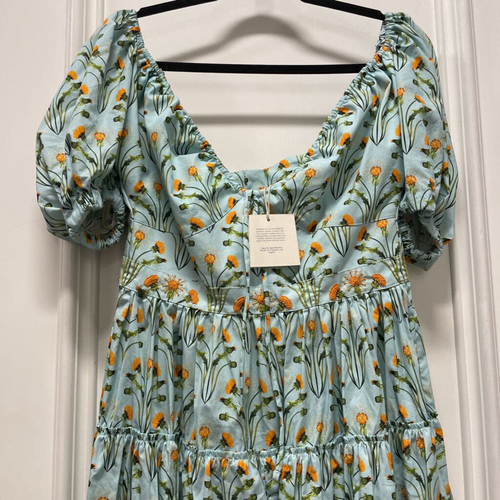 Blue Cotton Floral Tiered Mini Dress