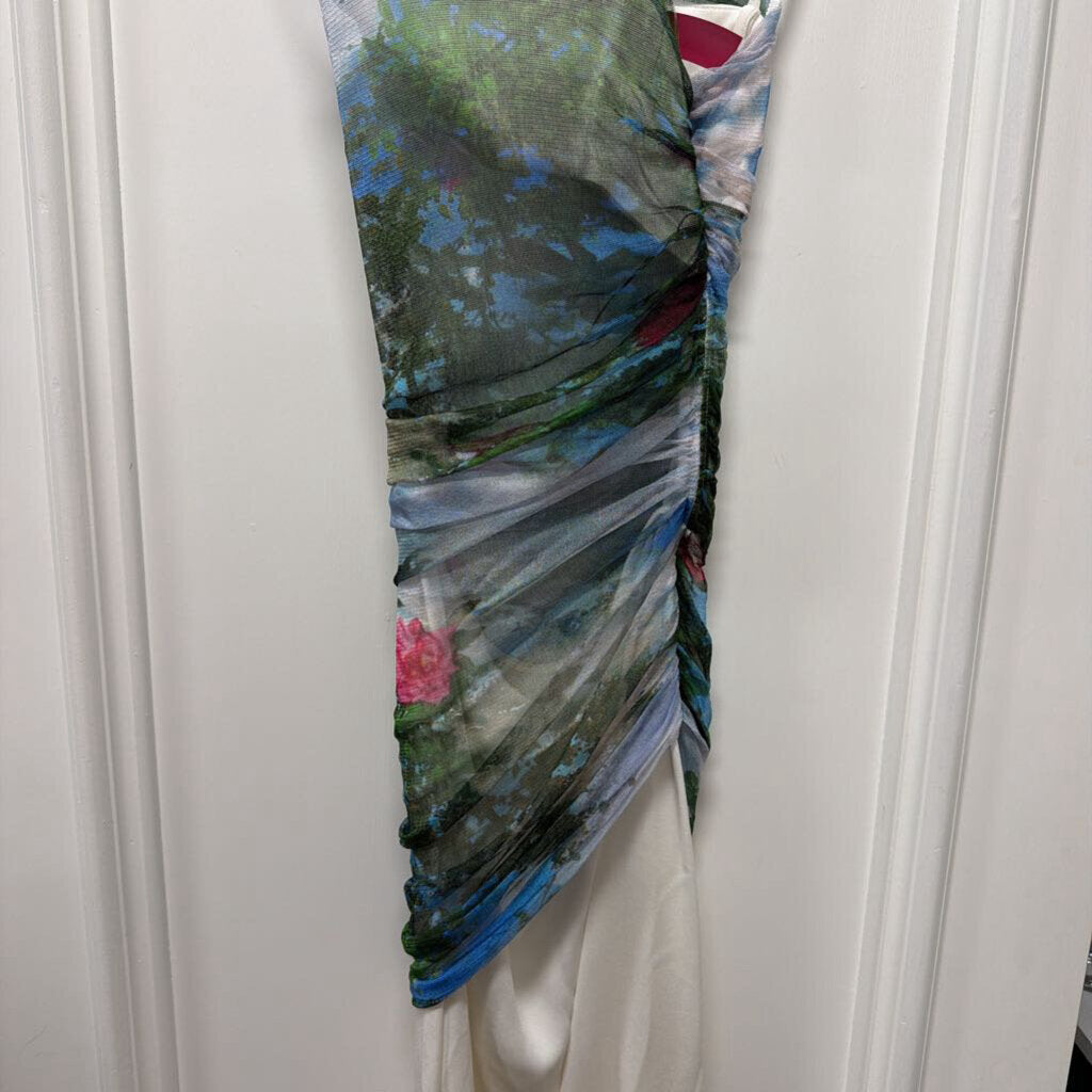 White Silk Midi Dress w/ Print Overlay (as is interior)