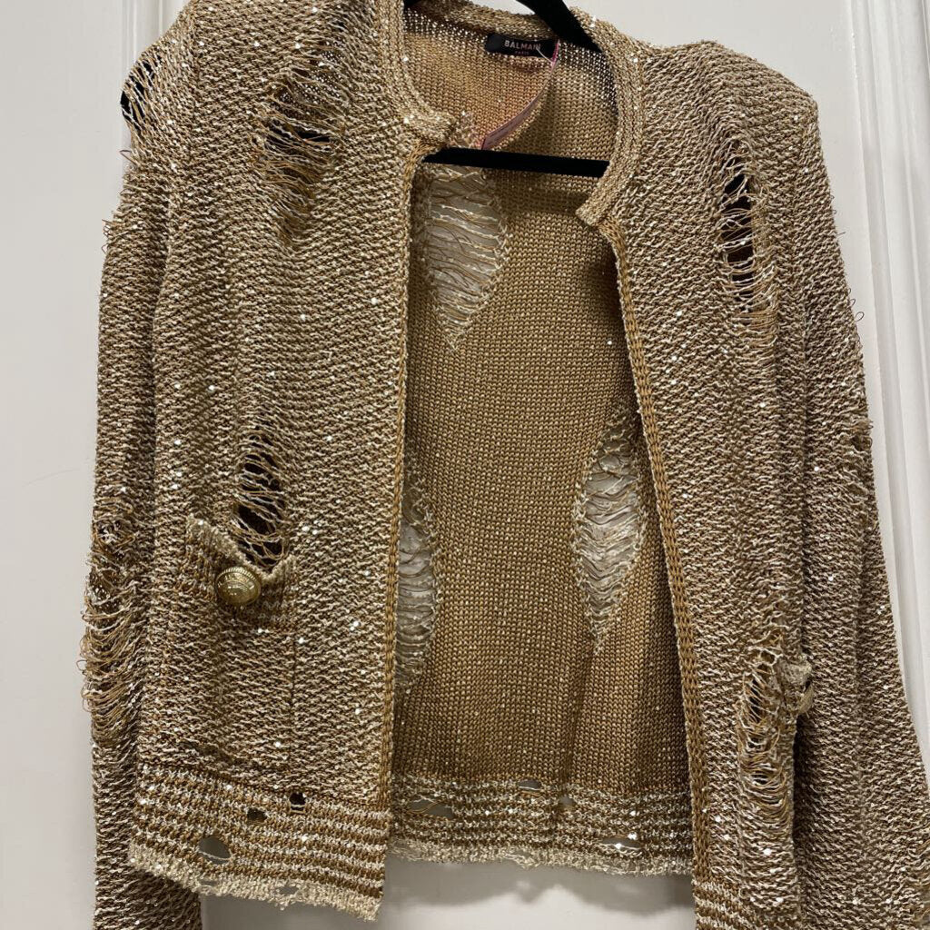 Gold Viscose Blend Ripped Sequin Tweed Jacket