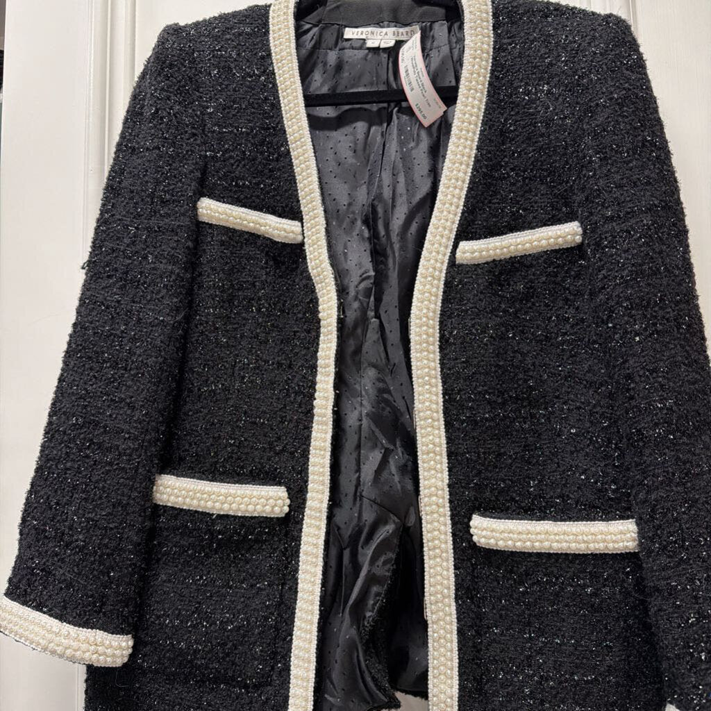 Black Wool/Poly Tweed Pearl Trim Jacket