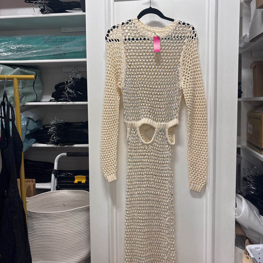 Beige Cotton/Nylon Crystal-Embellished Crochet Dress (est 1695)