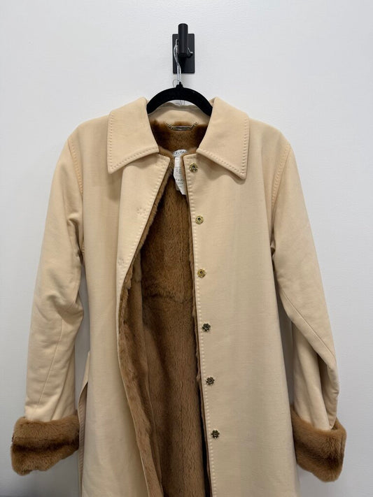 1990-2000S BEIGE WOOL BLEND BROWN MINK FUR LONG COAT
