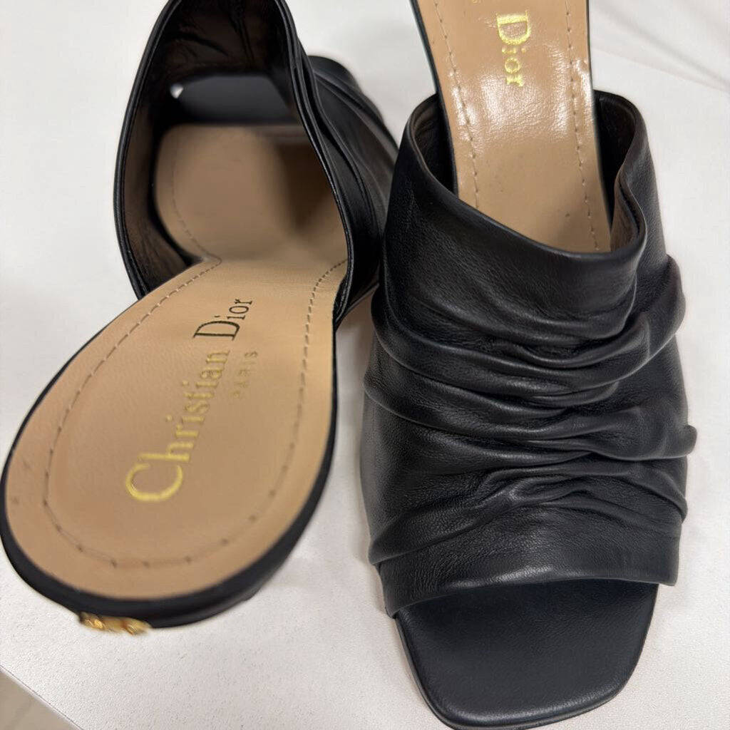 Black Leather Gold Heel Mules, 38.5