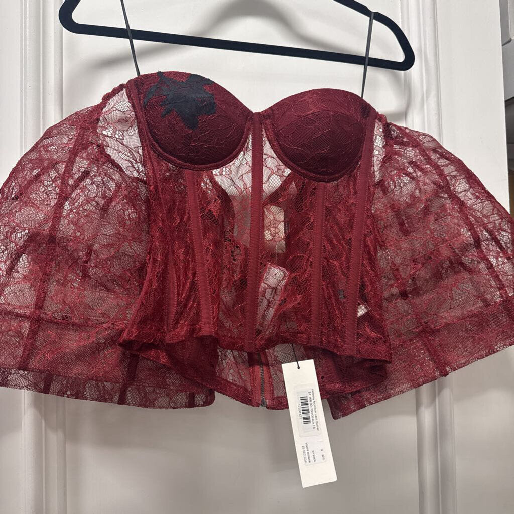 Burgundy Lace Caged Sleeve Croset Top (NWT 1168)