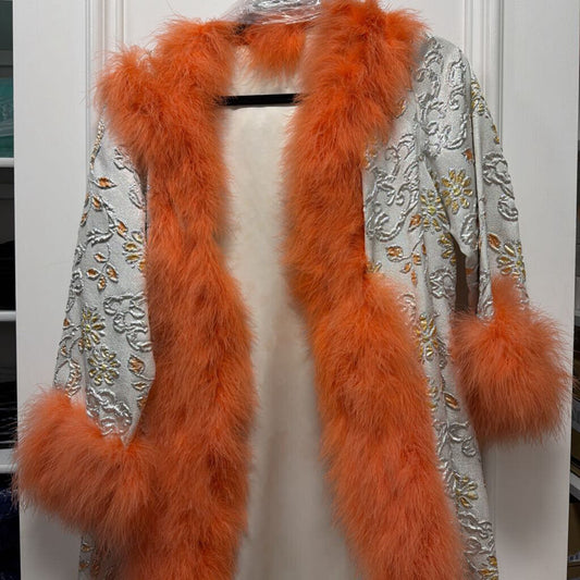 1950's Silver Floral Brocade Orange Fur Trim Coat