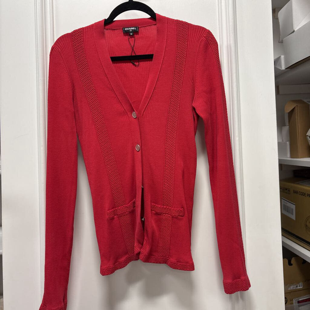 Red Cotton Ribbed Cardigan