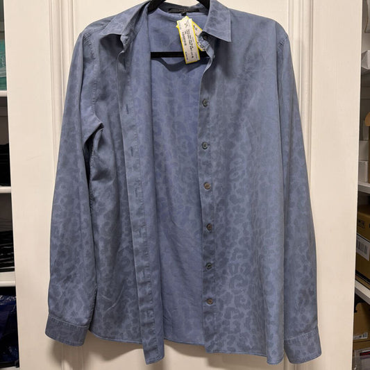 2000-10S BLUE LEOPARD PRINT SHIRT (AS IS: SMALL HOLE LFT. FRONT, ORANGE MARK LEFT SHOULDER)