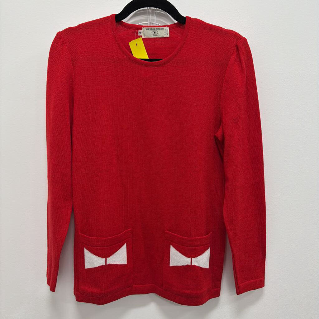 1980s Red Wool/Cotton Knit Bow Pocket Sweater