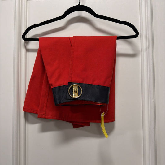 1970-80S RED COTTON NAVY LEATHER GOLD HARDWARE A-LINE SKIRT (AS IS: PEALING AT LEATHER, WEAR AT HARDWARE