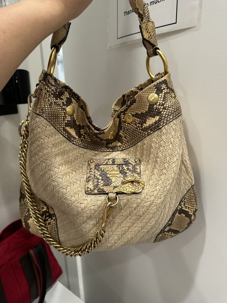 Raffia/Python Trimmed Hobo Bag