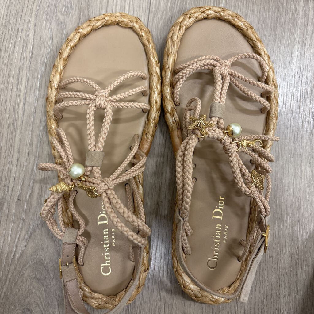 Beige Raffia/Leather Gold Charm Sandal
