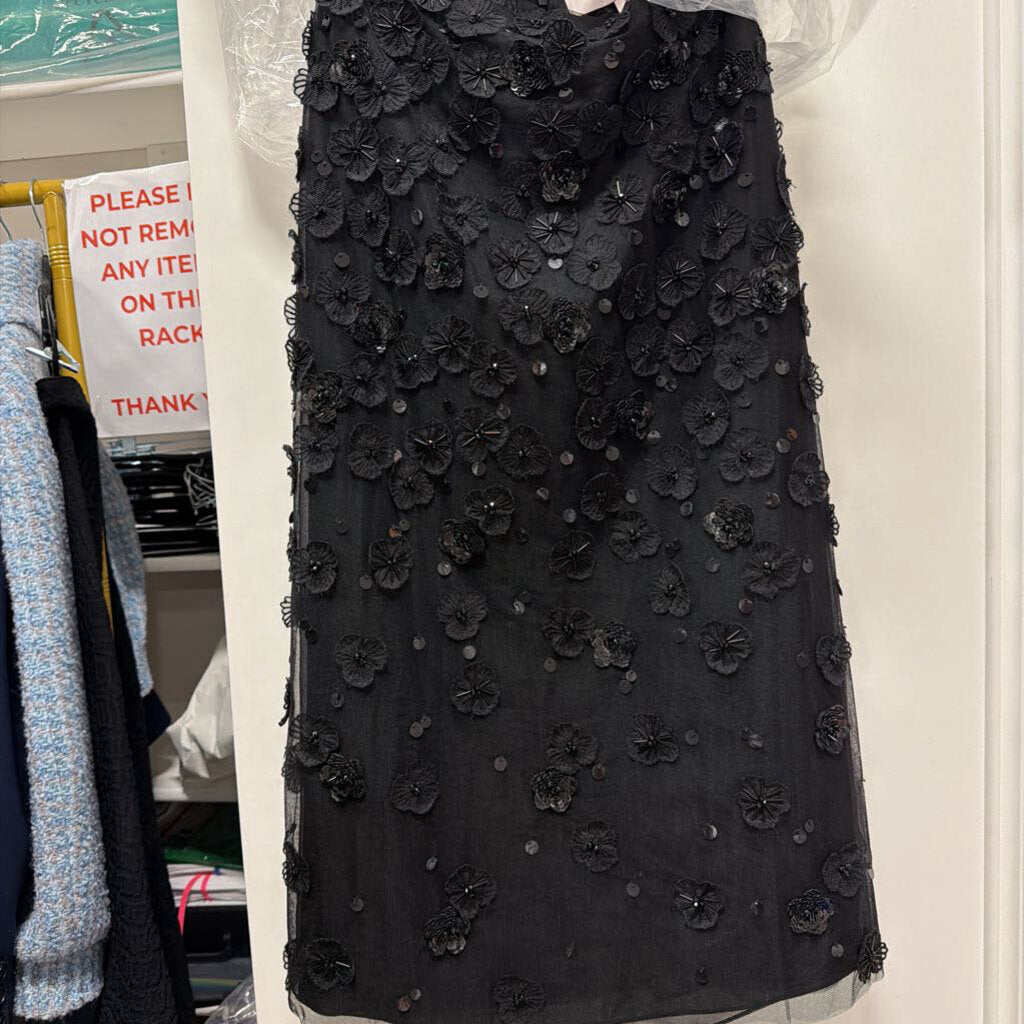 Black Silk Tulle Floral Applique Midi Skirt