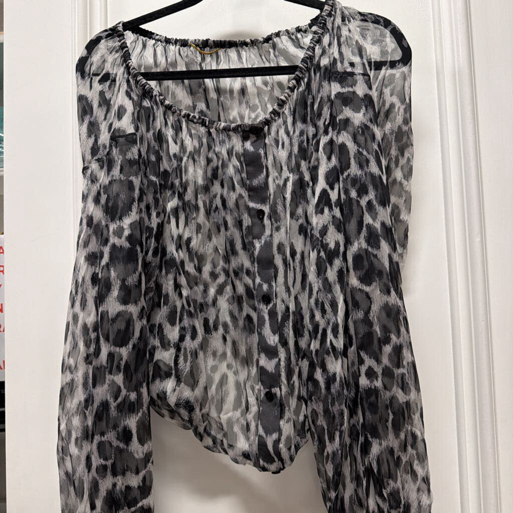 Black Leopard Print Silk Sheer Blouse