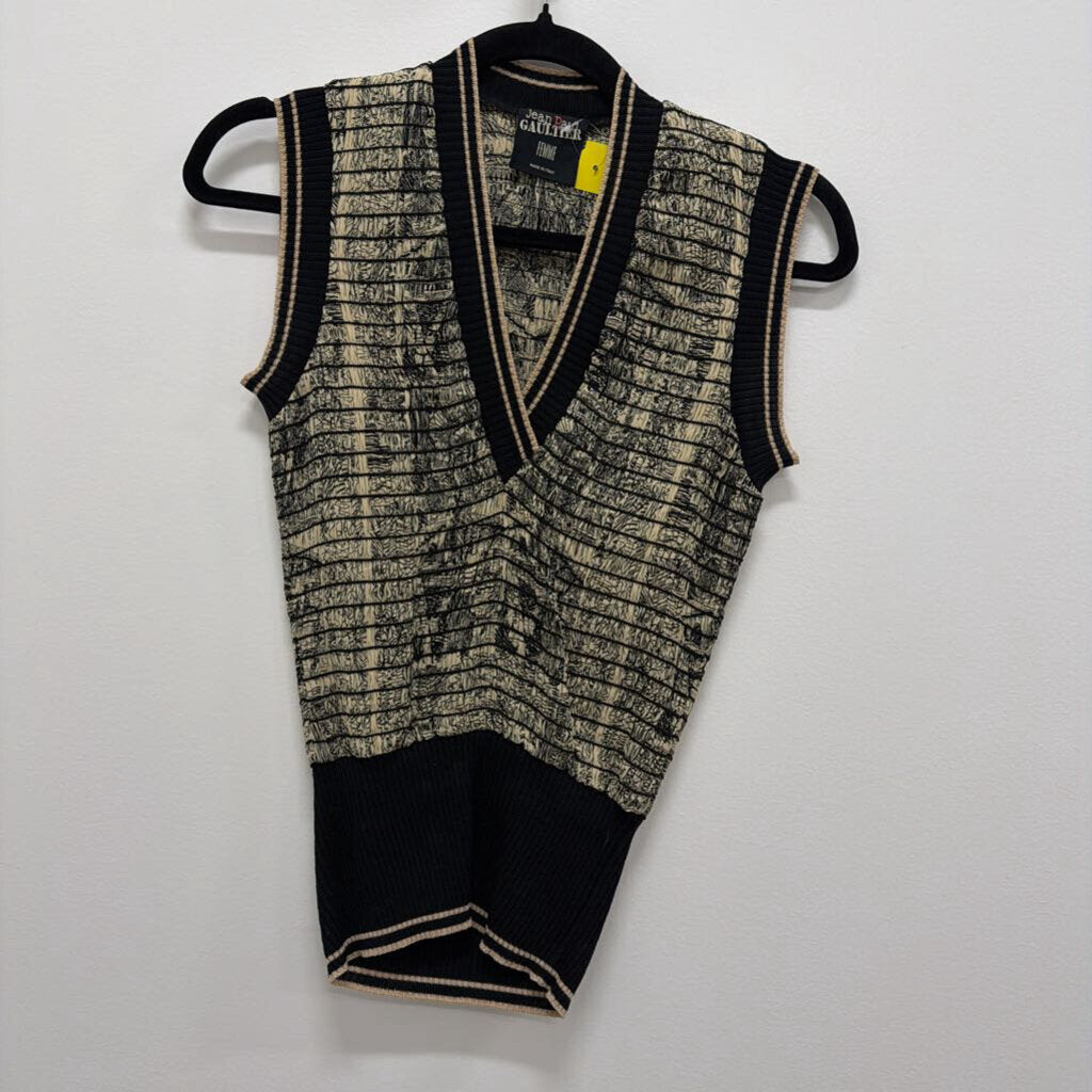 2000-10s Beige/Black Print Shirred Silk Sweater Vest