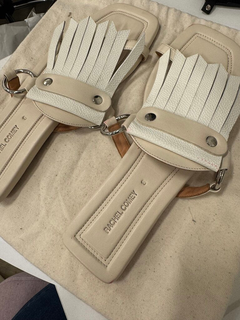 Beige Leather Fringe-Detail Sandals (525)