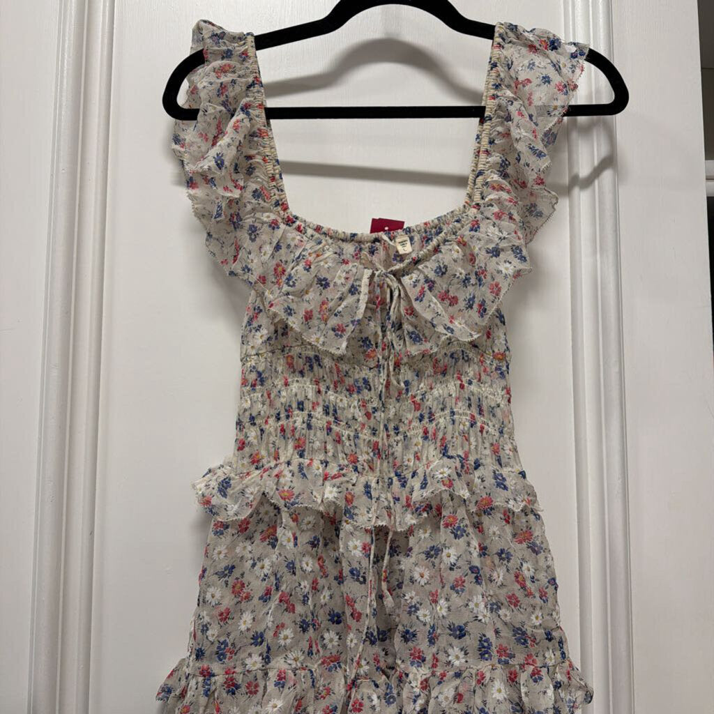 White Floral Print Silk Tiered Dress